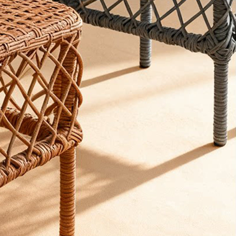 Traditional Rustic PE Rattan Weave Low Rectangular Stool with Galvanized Steel Grid, Breathable Backless Armless Living Room Seat