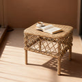 Traditional Rustic PE Rattan Weave Low Rectangular Stool with Galvanized Steel Grid, Breathable Backless Armless Living Room Seat
