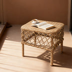 Traditional Rustic PE Rattan Weave Low Rectangular Stool with Galvanized Steel Grid, Breathable Backless Armless Living Room Seat