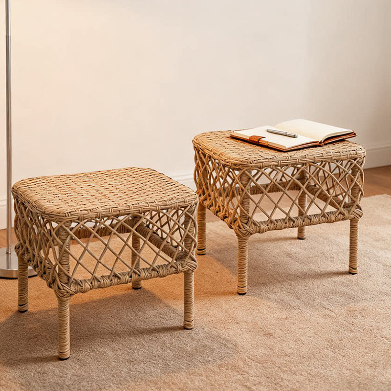 Traditional Rustic PE Rattan Weave Low Rectangular Stool with Galvanized Steel Grid, Breathable Backless Armless Living Room Seat