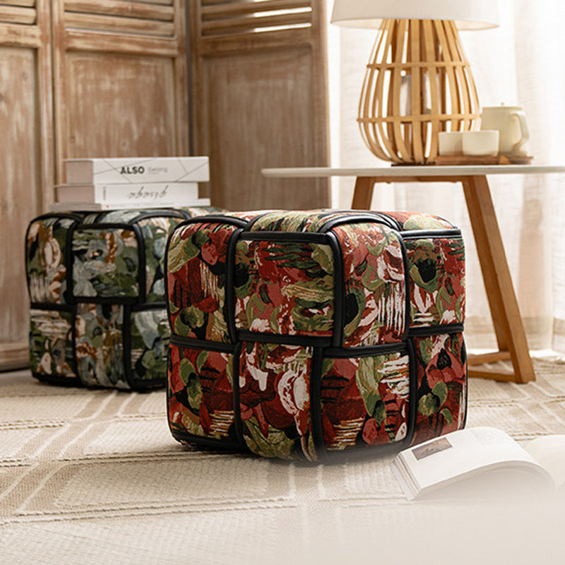 Traditional French Chenille Sponge Pine Wood Square Stool — Lightweight, Low, Backless, Armless for Living Room