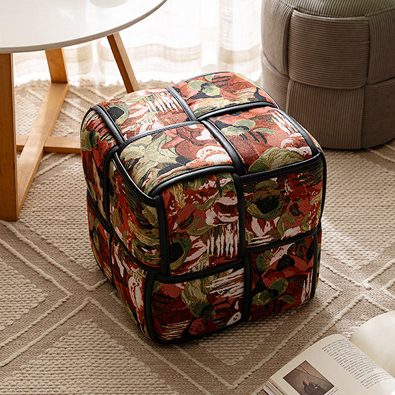 Traditional French Chenille Sponge Pine Wood Square Stool — Lightweight, Low, Backless, Armless for Living Room