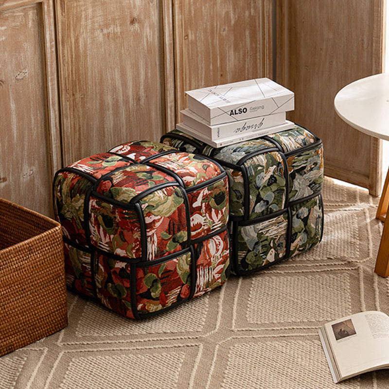 Traditional French Chenille Sponge Pine Wood Square Stool — Lightweight, Low, Backless, Armless for Living Room