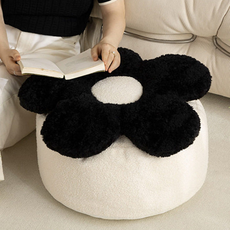 Contemporary Nordic Soft Teddy Fleece Low Stool with EPP Beads, Petal-Design Removable & Washable Cover — Backless & Armless Living Room Seat