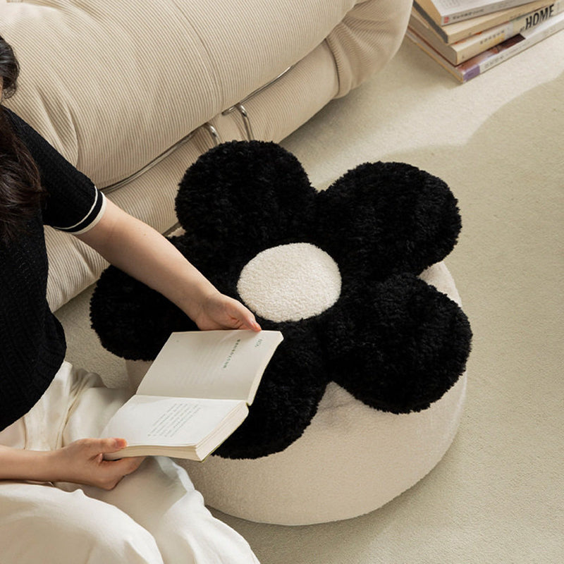 Contemporary Nordic Soft Teddy Fleece Low Stool with EPP Beads, Petal-Design Removable & Washable Cover — Backless & Armless Living Room Seat