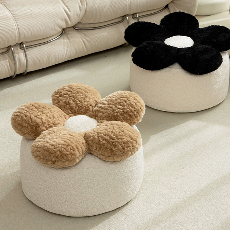 Contemporary Nordic Soft Teddy Fleece Low Stool with EPP Beads, Petal-Design Removable & Washable Cover — Backless & Armless Living Room Seat