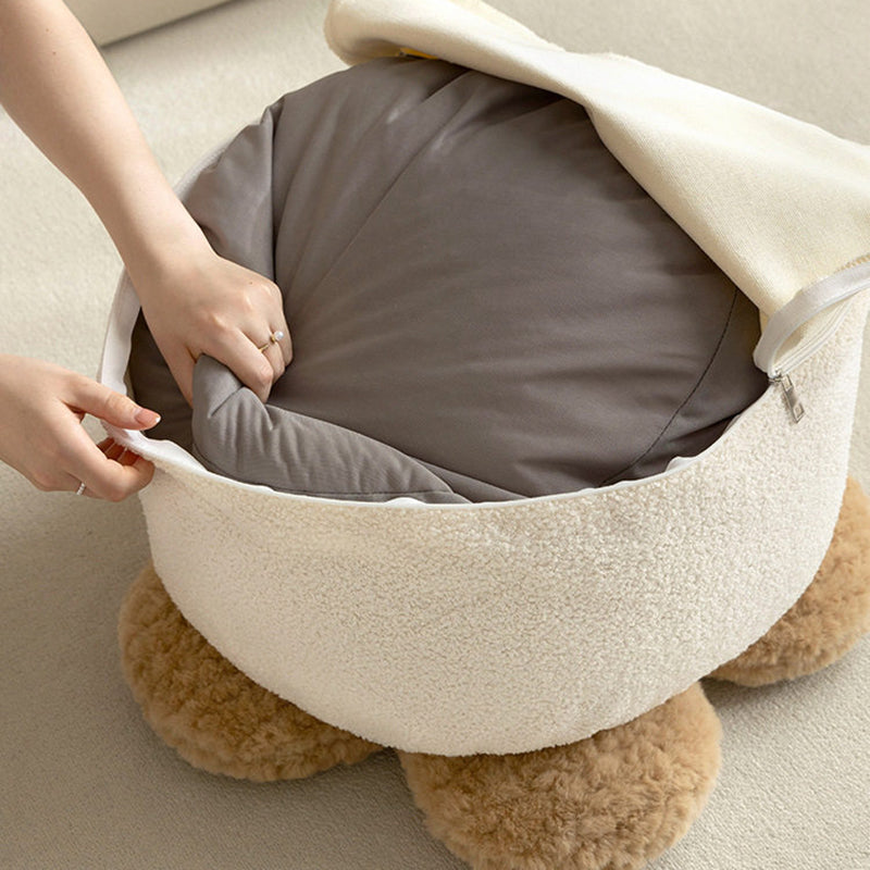 Contemporary Nordic Soft Teddy Fleece Low Stool with EPP Beads, Petal-Design Removable & Washable Cover — Backless & Armless Living Room Seat