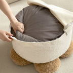 Contemporary Nordic Soft Teddy Fleece Low Stool with EPP Beads, Petal-Design Removable & Washable Cover — Backless & Armless Living Room Seat