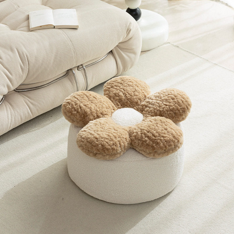Contemporary Nordic Soft Teddy Fleece Low Stool with EPP Beads, Petal-Design Removable & Washable Cover — Backless & Armless Living Room Seat