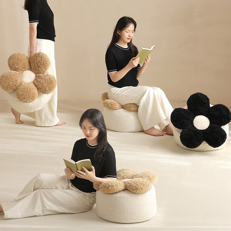 Contemporary Nordic Soft Teddy Fleece Low Stool with EPP Beads, Petal-Design Removable & Washable Cover — Backless & Armless Living Room Seat