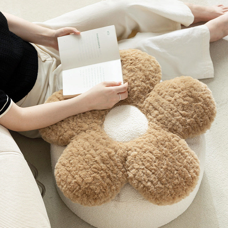 Contemporary Nordic Soft Teddy Fleece Low Stool with EPP Beads, Petal-Design Removable & Washable Cover — Backless & Armless Living Room Seat