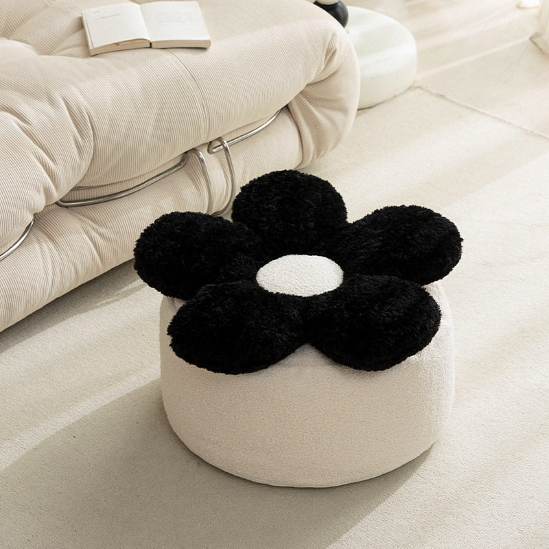 Contemporary Nordic Soft Teddy Fleece Low Stool with EPP Beads, Petal-Design Removable & Washable Cover — Backless & Armless Living Room Seat