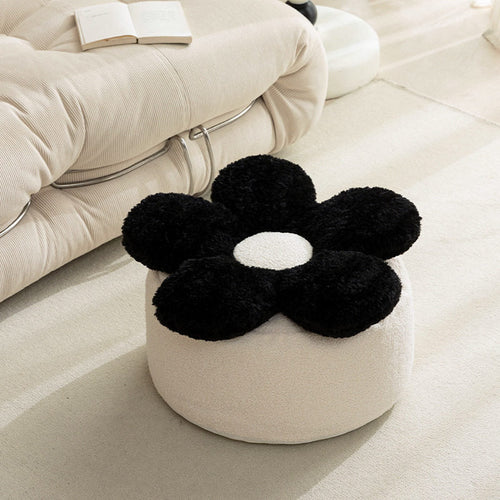 Contemporary Nordic Soft Teddy Fleece Low Stool with EPP Beads, Petal-Design Removable & Washable Cover — Backless & Armless Living Room Seat