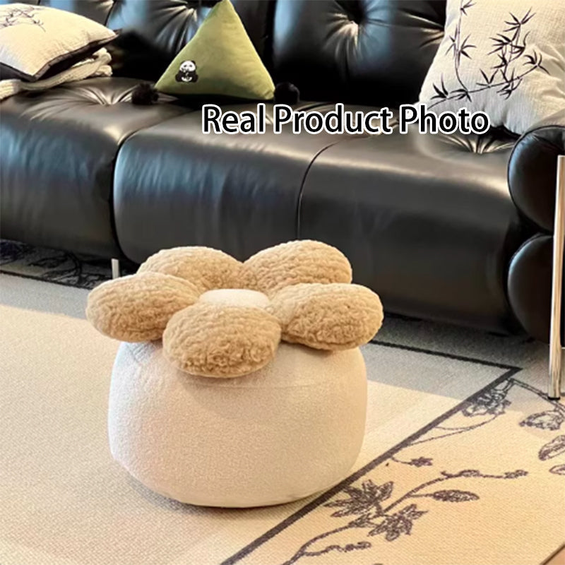 Contemporary Nordic Soft Teddy Fleece Low Stool with EPP Beads, Petal-Design Removable & Washable Cover — Backless & Armless Living Room Seat