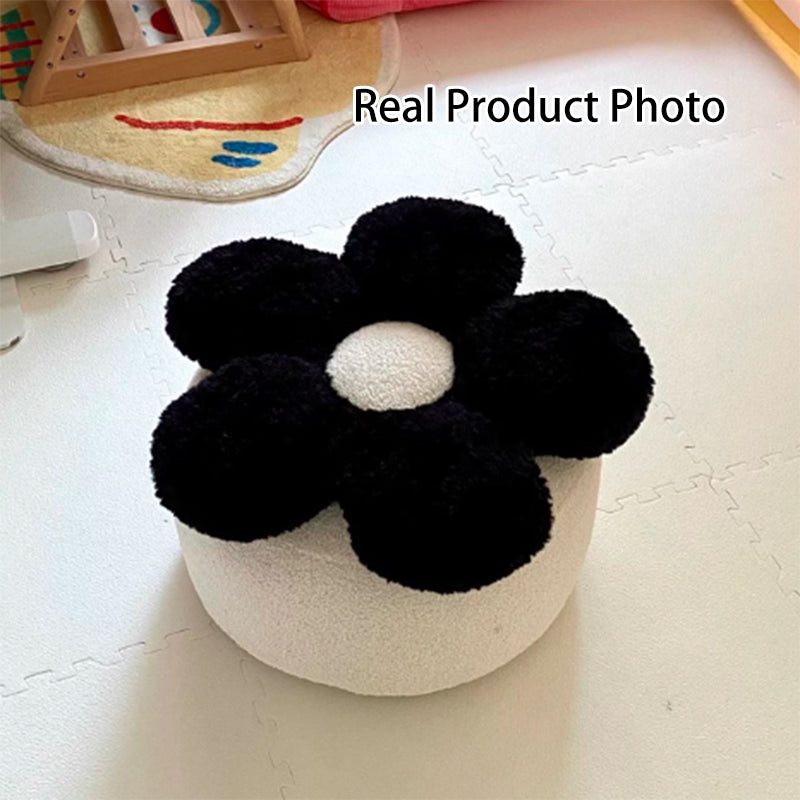 Contemporary Nordic Soft Teddy Fleece Low Stool with EPP Beads, Petal-Design Removable & Washable Cover — Backless & Armless Living Room Seat