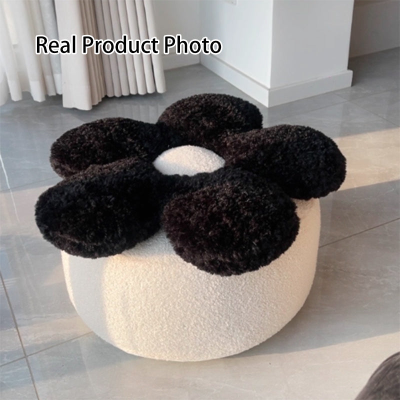 Contemporary Nordic Soft Teddy Fleece Low Stool with EPP Beads, Petal-Design Removable & Washable Cover — Backless & Armless Living Room Seat