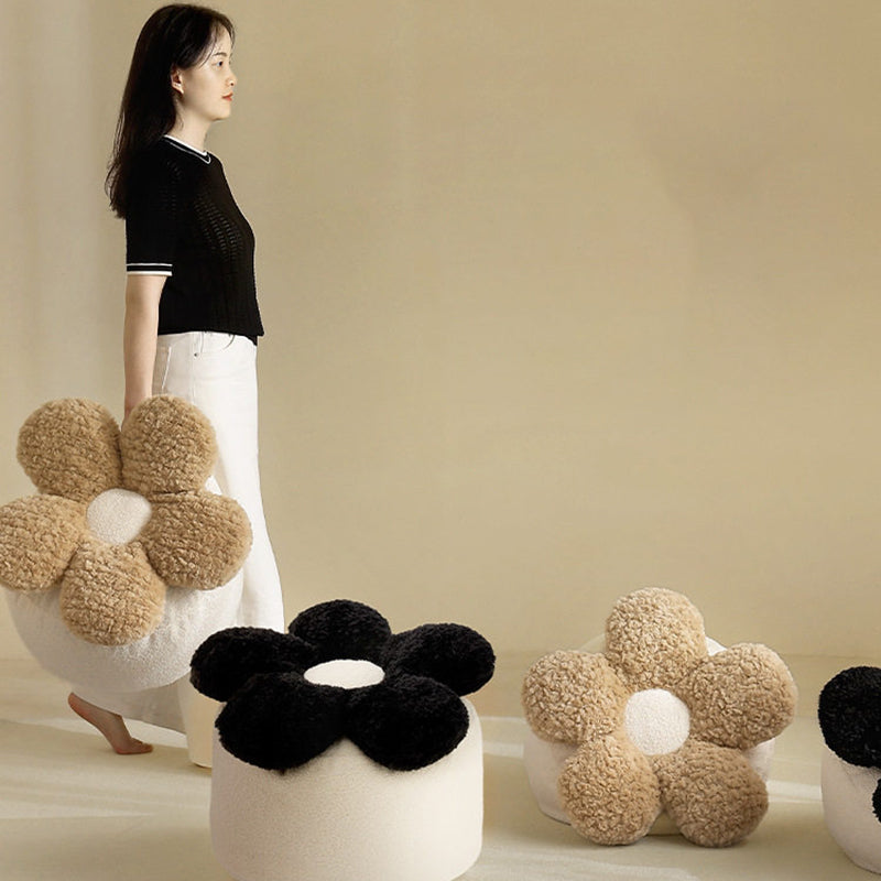 Contemporary Nordic Soft Teddy Fleece Low Stool with EPP Beads, Petal-Design Removable & Washable Cover — Backless & Armless Living Room Seat