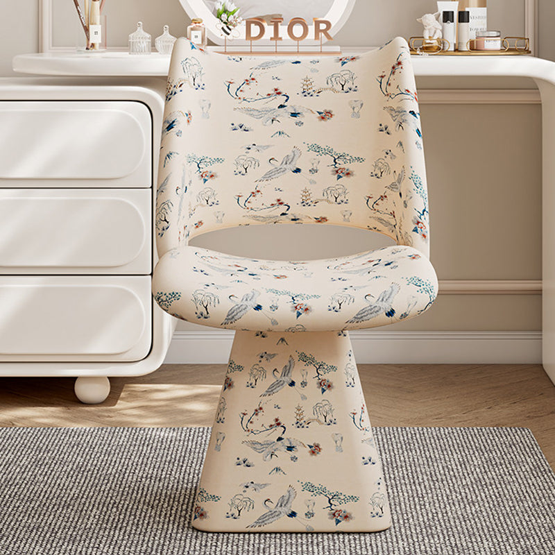 Taburete giratorio sin respaldo para tocador | Diseño trapezoidal curvo | Asiento de tela de esponja | Estructura de madera maciza y contrachapada | Ideal para dormitorio