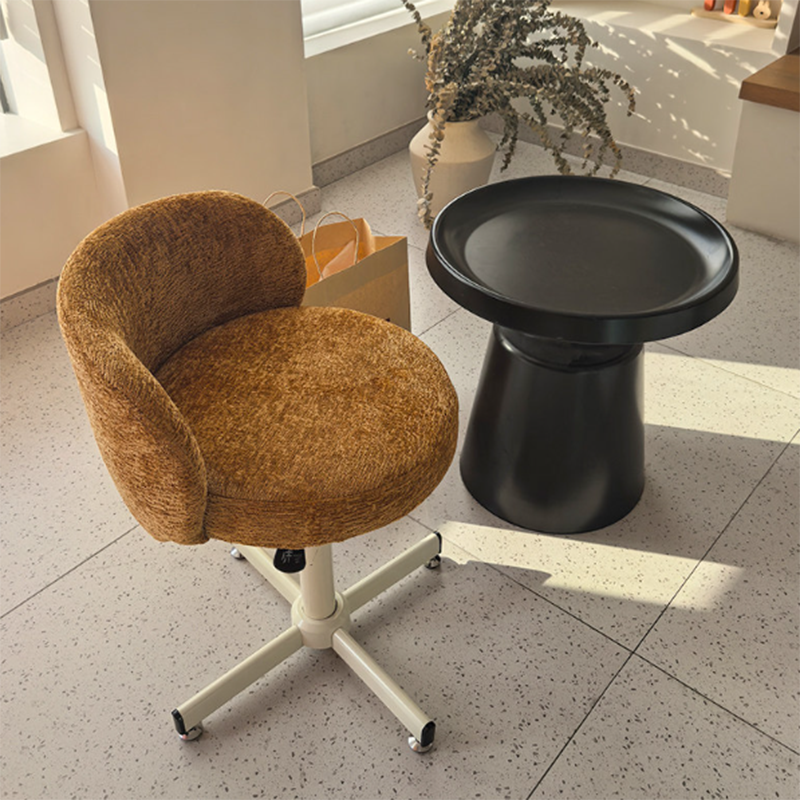 Contemporary Nordic Chenille Vanity Stool with Cat-Scratch Leather, Solid Plywood & Steel Arc Base, Liftable & Rotatable, Armless for Bedroom