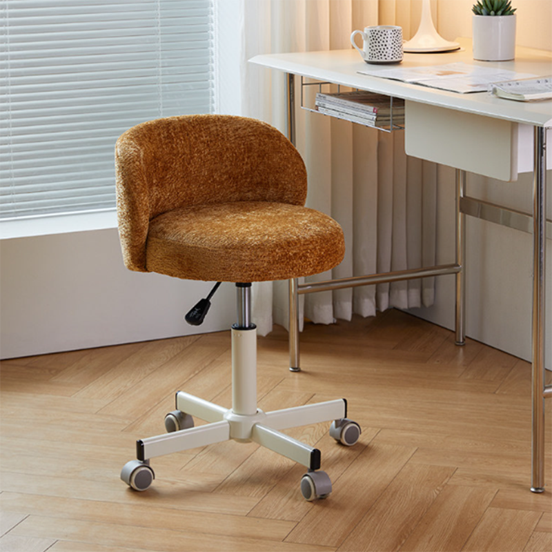 Contemporary Nordic Chenille Vanity Stool with Cat-Scratch Leather, Solid Plywood & Steel Arc Base, Liftable & Rotatable, Armless for Bedroom