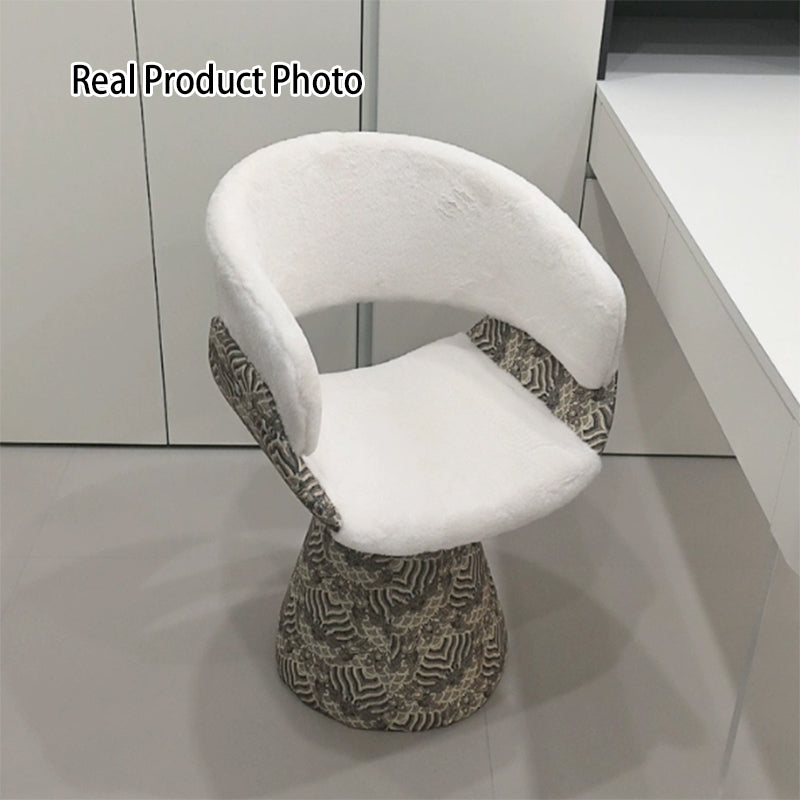 Taburete tocador escandinavo contemporáneo de pino con respaldo y reposabrazos giratorios en arco, piel sintética de conejo, piel sintética de napa y cuero PU, tapicería de chenilla de lino – Perfecto para el dormitorio