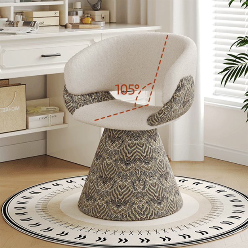 Contemporary Scandinavian Pine Vanity Stool with Arc-Rotatable Backrest & Armrests, Faux Rabbit Fur, Faux Nappa & PU Leather, Linen Chenille Upholstery – Perfect for the Bedroom