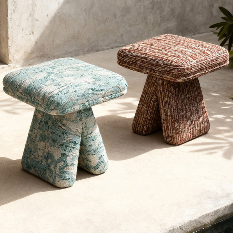 Contemporary Scandinavian Plywood Vanity Stool – Velvet Square-Top, Triangular, Backless & Armless – Upholstered in Chenille, Cotton & Linen for Bedroom