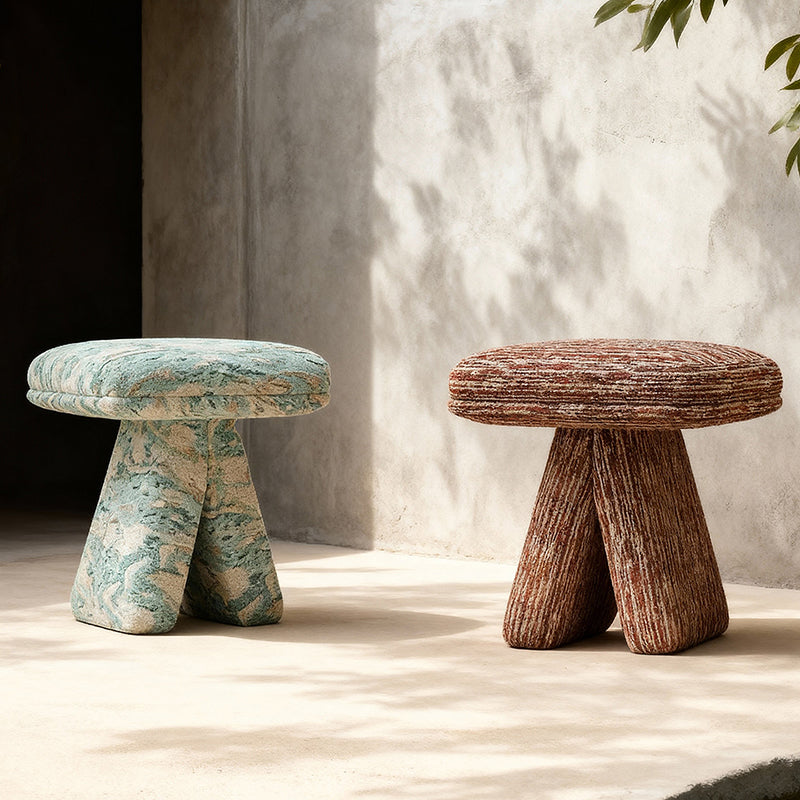 Contemporary Scandinavian Plywood Vanity Stool – Velvet Square-Top, Triangular, Backless & Armless – Upholstered in Chenille, Cotton & Linen for Bedroom