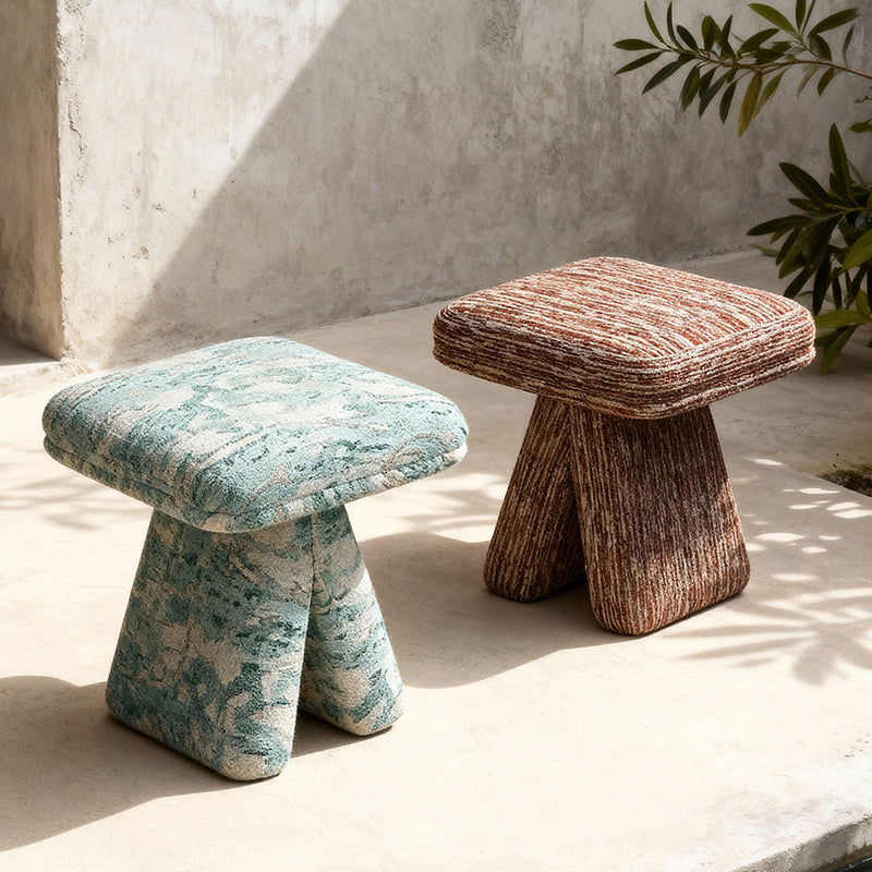 Contemporary Scandinavian Plywood Vanity Stool – Velvet Square-Top, Triangular, Backless & Armless – Upholstered in Chenille, Cotton & Linen for Bedroom