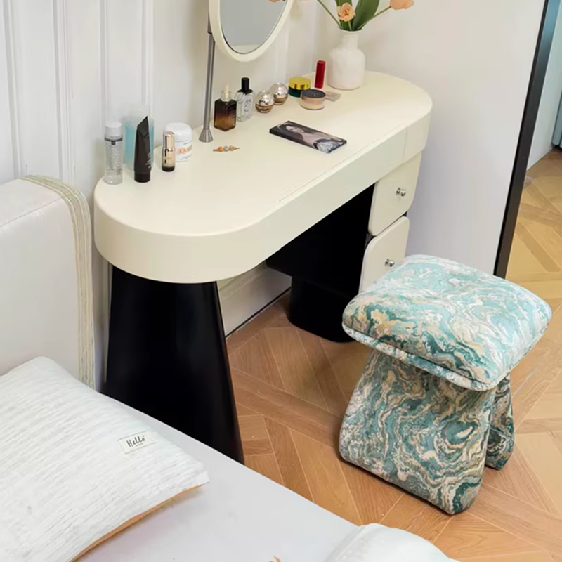 Contemporary Scandinavian Plywood Vanity Stool – Velvet Square-Top, Triangular, Backless & Armless – Upholstered in Chenille, Cotton & Linen for Bedroom