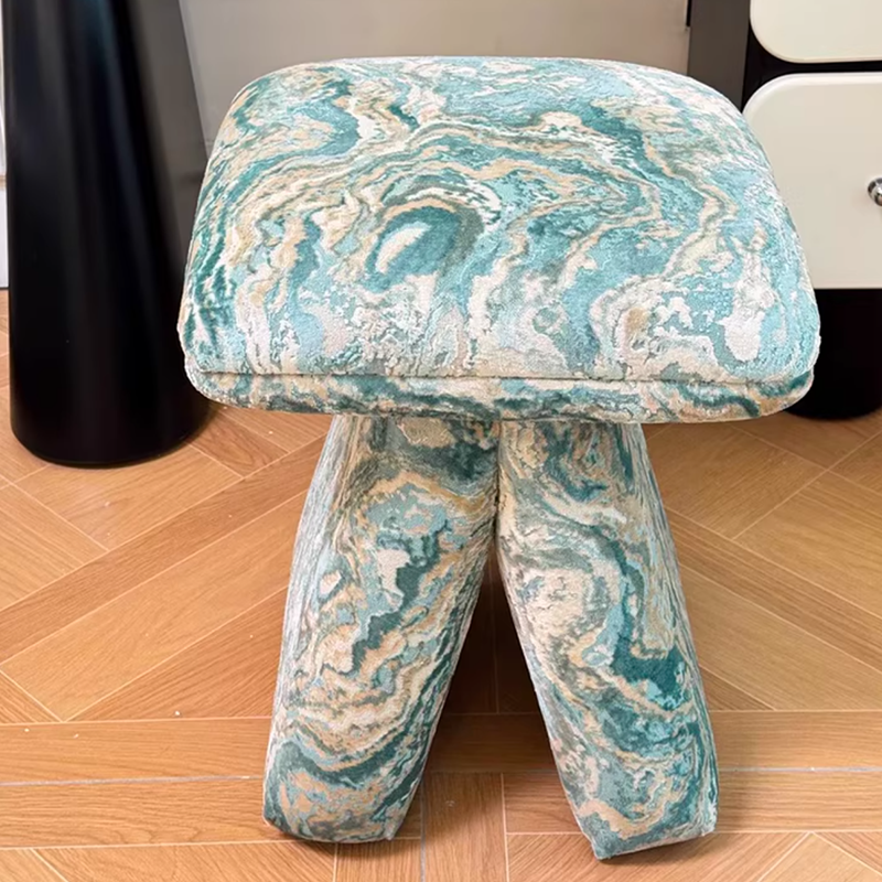 Contemporary Scandinavian Plywood Vanity Stool – Velvet Square-Top, Triangular, Backless & Armless – Upholstered in Chenille, Cotton & Linen for Bedroom