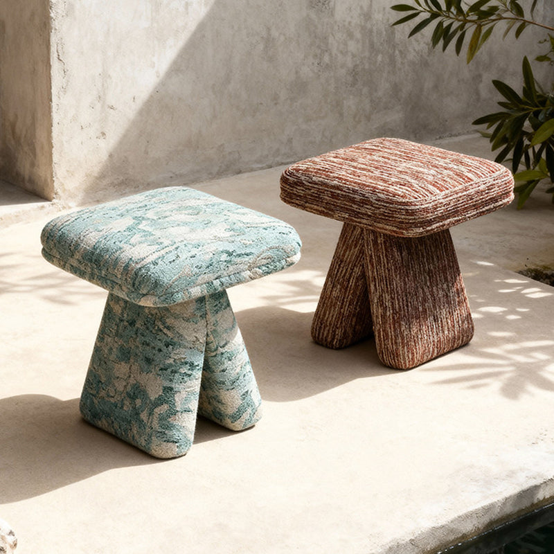 Contemporary Scandinavian Plywood Vanity Stool – Velvet Square-Top, Triangular, Backless & Armless – Upholstered in Chenille, Cotton & Linen for Bedroom