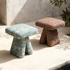 Contemporary Scandinavian Plywood Vanity Stool – Velvet Square-Top, Triangular, Backless & Armless – Upholstered in Chenille, Cotton & Linen for Bedroom