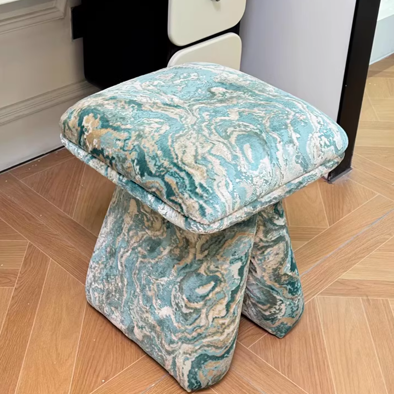 Contemporary Scandinavian Plywood Vanity Stool – Velvet Square-Top, Triangular, Backless & Armless – Upholstered in Chenille, Cotton & Linen for Bedroom
