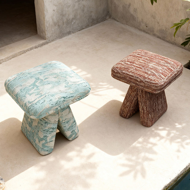 Contemporary Scandinavian Plywood Vanity Stool – Velvet Square-Top, Triangular, Backless & Armless – Upholstered in Chenille, Cotton & Linen for Bedroom