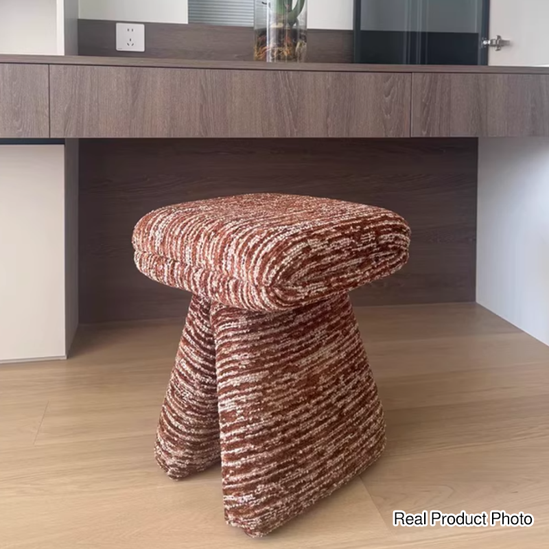 Contemporary Scandinavian Plywood Vanity Stool – Velvet Square-Top, Triangular, Backless & Armless – Upholstered in Chenille, Cotton & Linen for Bedroom