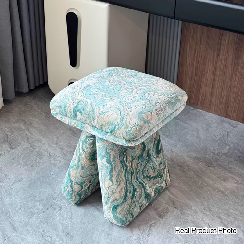 Contemporary Scandinavian Plywood Vanity Stool – Velvet Square-Top, Triangular, Backless & Armless – Upholstered in Chenille, Cotton & Linen for Bedroom