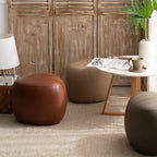 Taburete bajo contemporáneo escandinavo de madera de pino — Acolchado con cuero sintético, diseño de triángulo redondeado, asiento sin respaldo ni reposabrazos para sala de estar