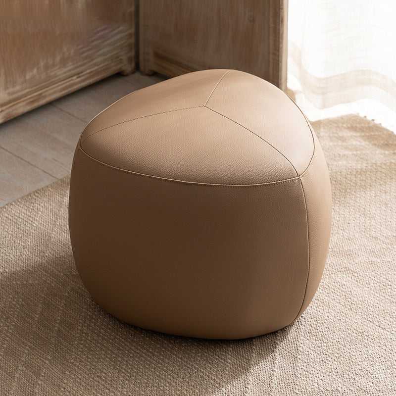 Contemporary Scandinavian Pine Wood Low Stool — Padded with Synthetic Leather, Rounded-Triangle Design, Backless & Armless Living Room Seat