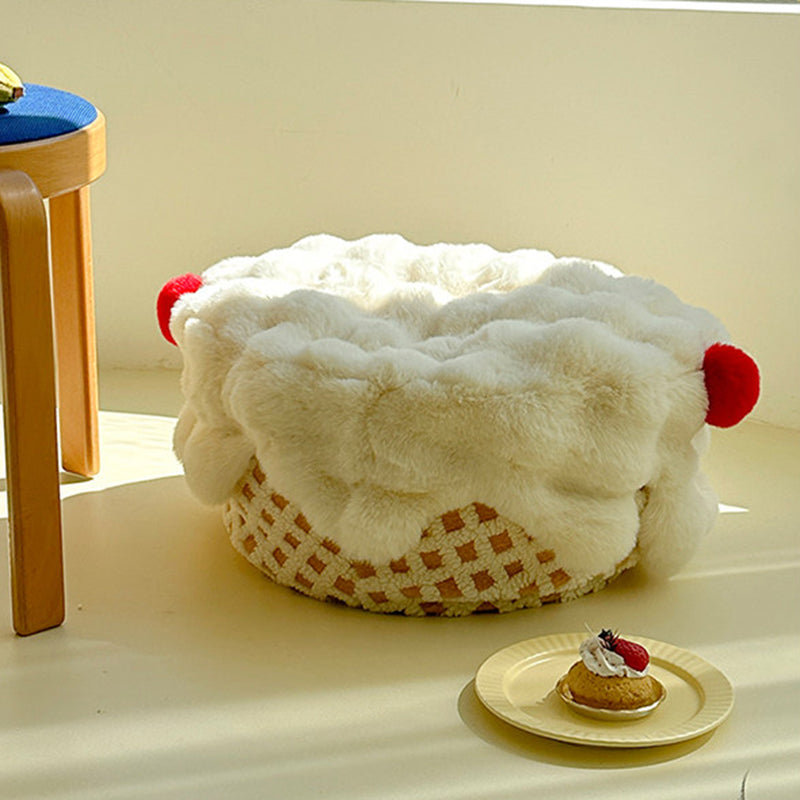 Nordic Modern Sherpa Fabric Faux Rabbit Fur Cartoon Cake Ottoman – Removable & Washable Cover, Low, Backless & Armless for Living Room & Bedroom