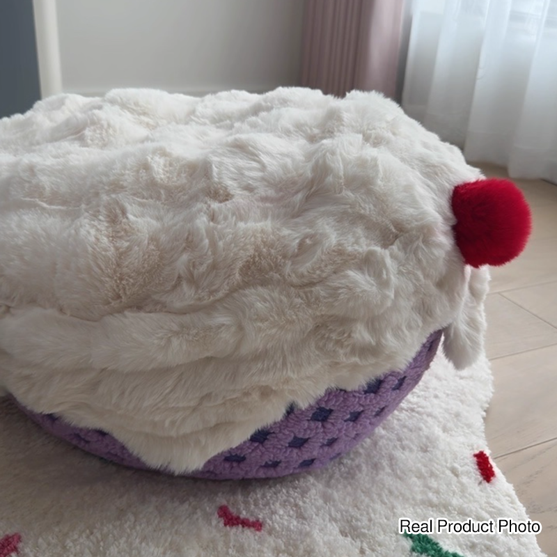 Nordic Modern Sherpa Fabric Faux Rabbit Fur Cartoon Cake Ottoman – Removable & Washable Cover, Low, Backless & Armless for Living Room & Bedroom