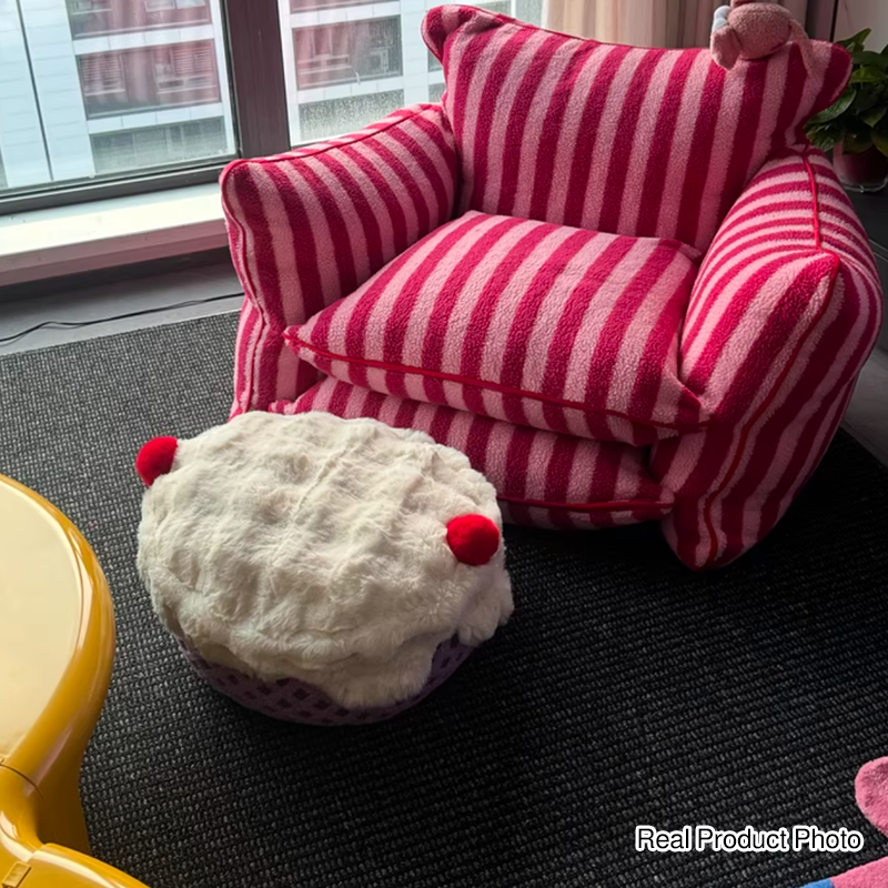 Nordic Modern Sherpa Fabric Faux Rabbit Fur Cartoon Cake Ottoman – Removable & Washable Cover, Low, Backless & Armless for Living Room & Bedroom
