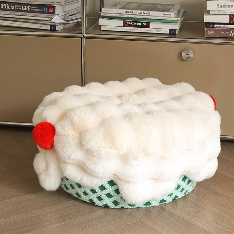 Nordic Modern Sherpa Fabric Faux Rabbit Fur Cartoon Cake Ottoman – Removable & Washable Cover, Low, Backless & Armless for Living Room & Bedroom