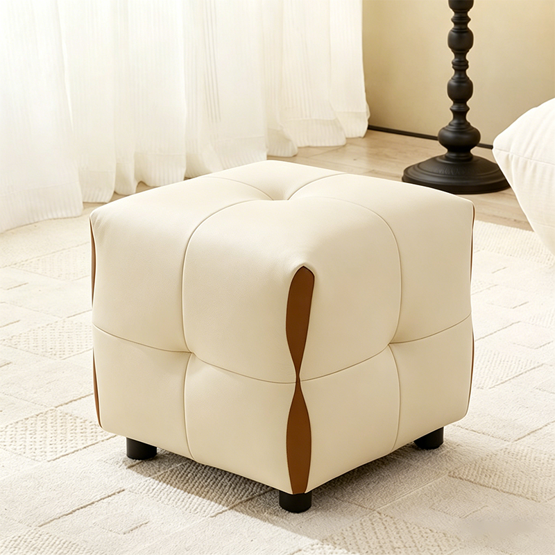 Contemporary Scandinavian Solid Wood Stool with Cushioned Faux Leather, Square Low-Profile, Backless & Armless – for Living Room & Entryway