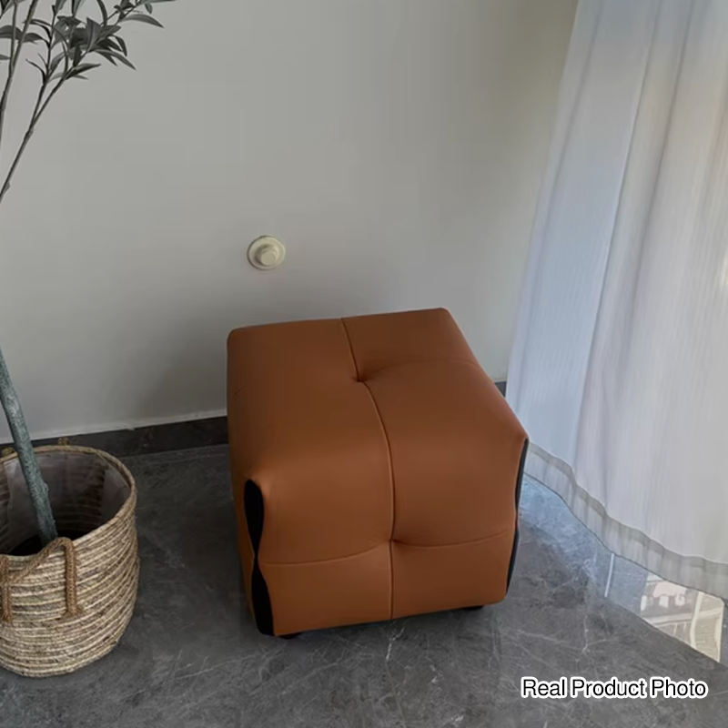 Contemporary Scandinavian Solid Wood Stool with Cushioned Faux Leather, Square Low-Profile, Backless & Armless – for Living Room & Entryway