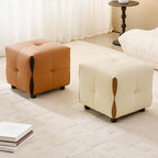 Contemporary Scandinavian Solid Wood Stool with Cushioned Faux Leather, Square Low-Profile, Backless & Armless – for Living Room & Entryway