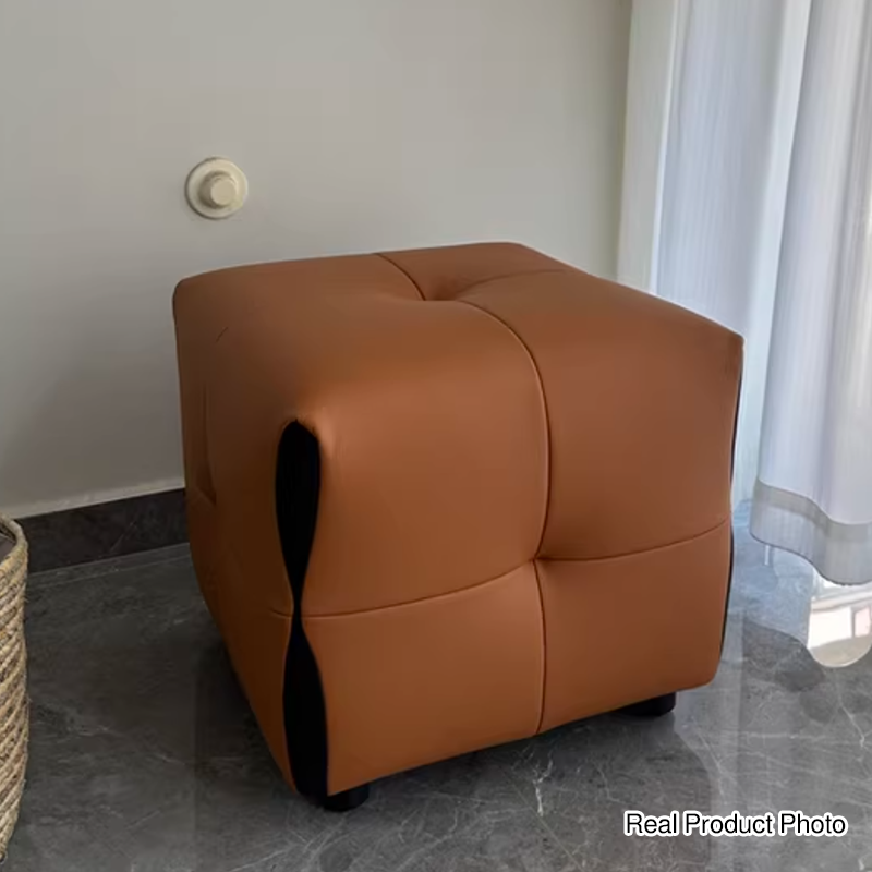 Contemporary Scandinavian Solid Wood Stool with Cushioned Faux Leather, Square Low-Profile, Backless & Armless – for Living Room & Entryway
