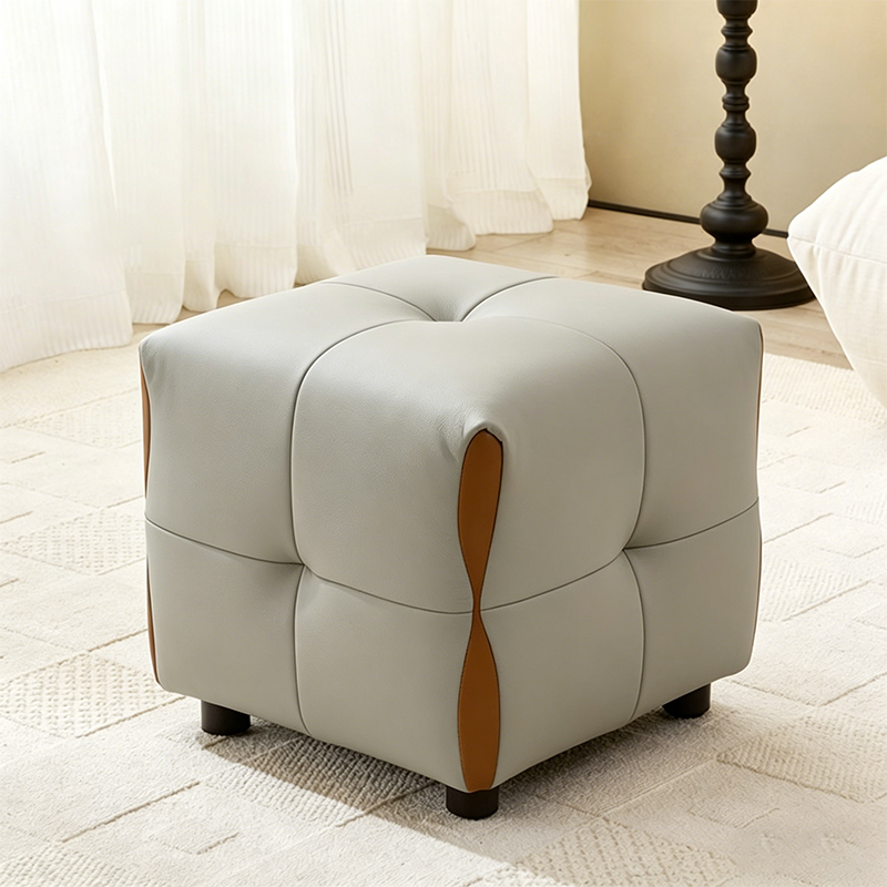 Contemporary Scandinavian Solid Wood Stool with Cushioned Faux Leather, Square Low-Profile, Backless & Armless – for Living Room & Entryway