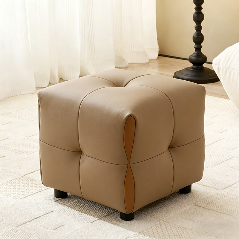 Contemporary Scandinavian Solid Wood Stool with Cushioned Faux Leather, Square Low-Profile, Backless & Armless – for Living Room & Entryway