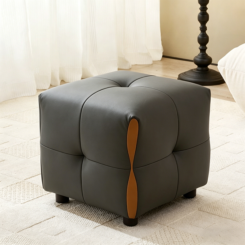Contemporary Scandinavian Solid Wood Stool with Cushioned Faux Leather, Square Low-Profile, Backless & Armless – for Living Room & Entryway